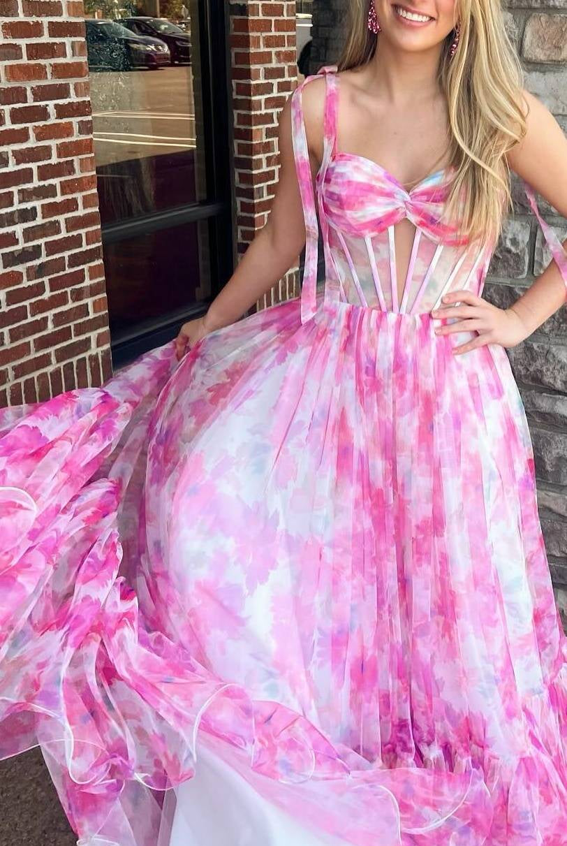 Palmer | Pink Floral Print Corset A - Line Long Prom Dress with Bow Tie Straps - KissProm