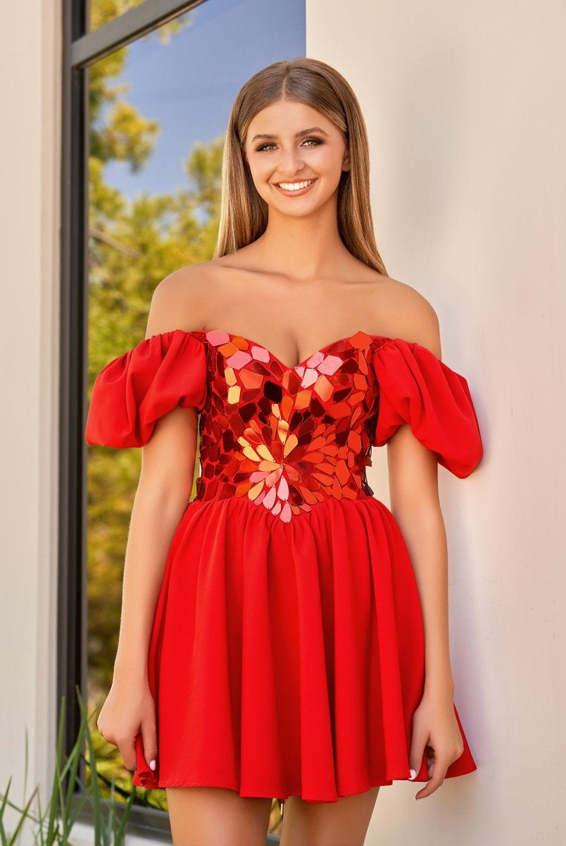 Galatea | A-Line Short Red Cut-Glass Sweetheartg Dress