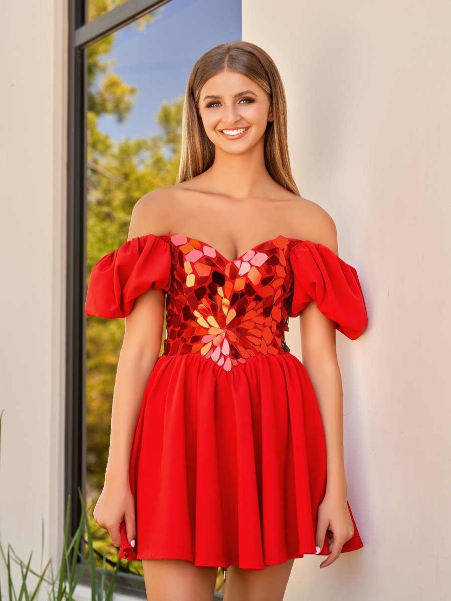Galatea | A-Line Short Red Cut-Glass Sweetheartg Dress