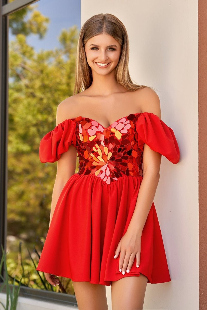 Galatea | A-Line Short Red Cut-Glass Sweetheartg Dress