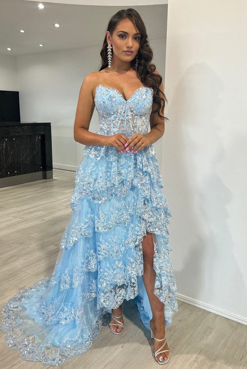 Garnet|Light Blue Strapless Ruffle Tiered Long Prom Dress with Slit - KissProm
