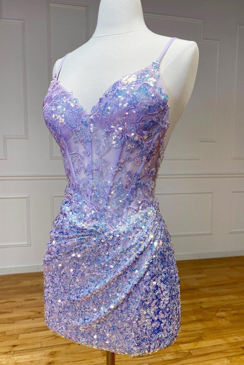 Othello | Sparkle Appliques Sequin Bodycon Lilac Homecoming Lace-up Dress