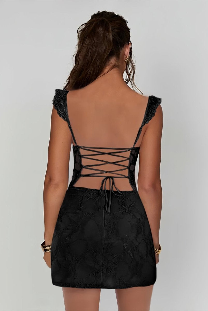 Gema | Black - Spaghetti Straps Sheath Lace Short Homecoming Dress With Slit