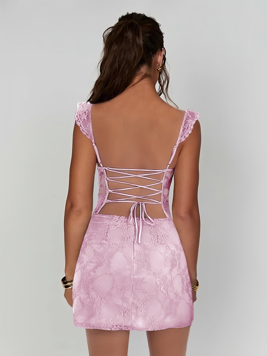Gema | Pink - Spaghetti Straps Sheath Lace Short Homecoming Dress With Slit