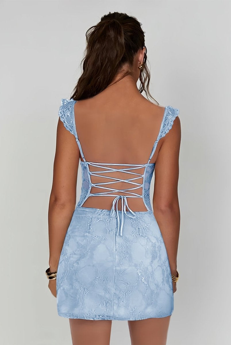 Gema | Sky Blue - Spaghetti Straps Sheath Lace Short Homecoming Dress With Slit