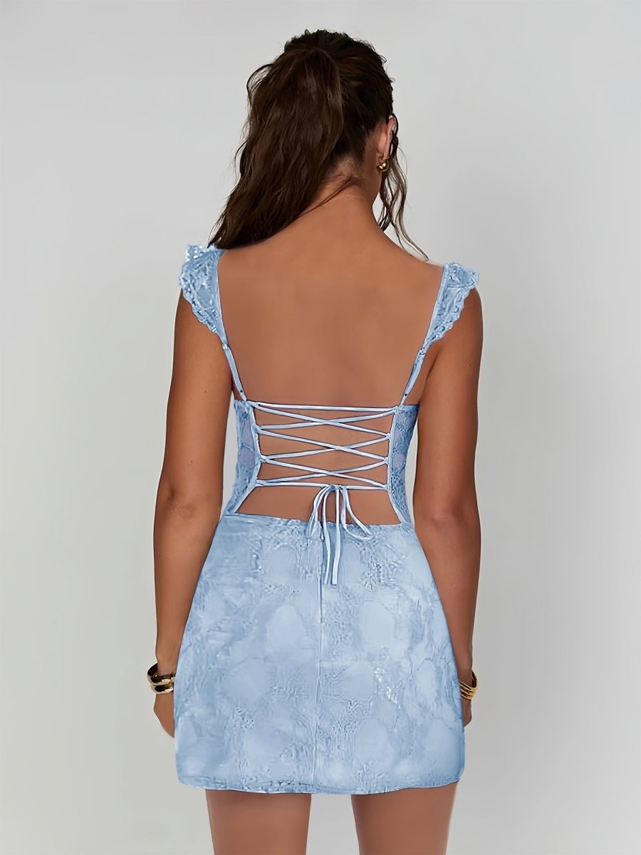 Gema | Sky Blue - Spaghetti Straps Sheath Lace Short Homecoming Dress With Slit