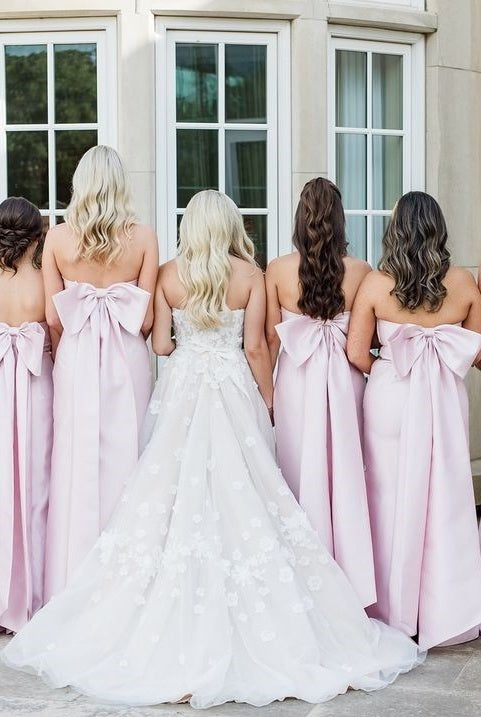 Geneal | Strapless Pink Scoop Pleated Satin Long Bridesmaid Dress With Big Bow