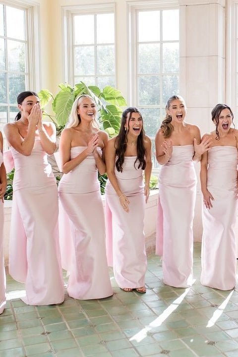 KissProm Strapless Pink Scoop Pleated Satin Long Bridesmaid Dress With Big Bow, Pink / Custom Size