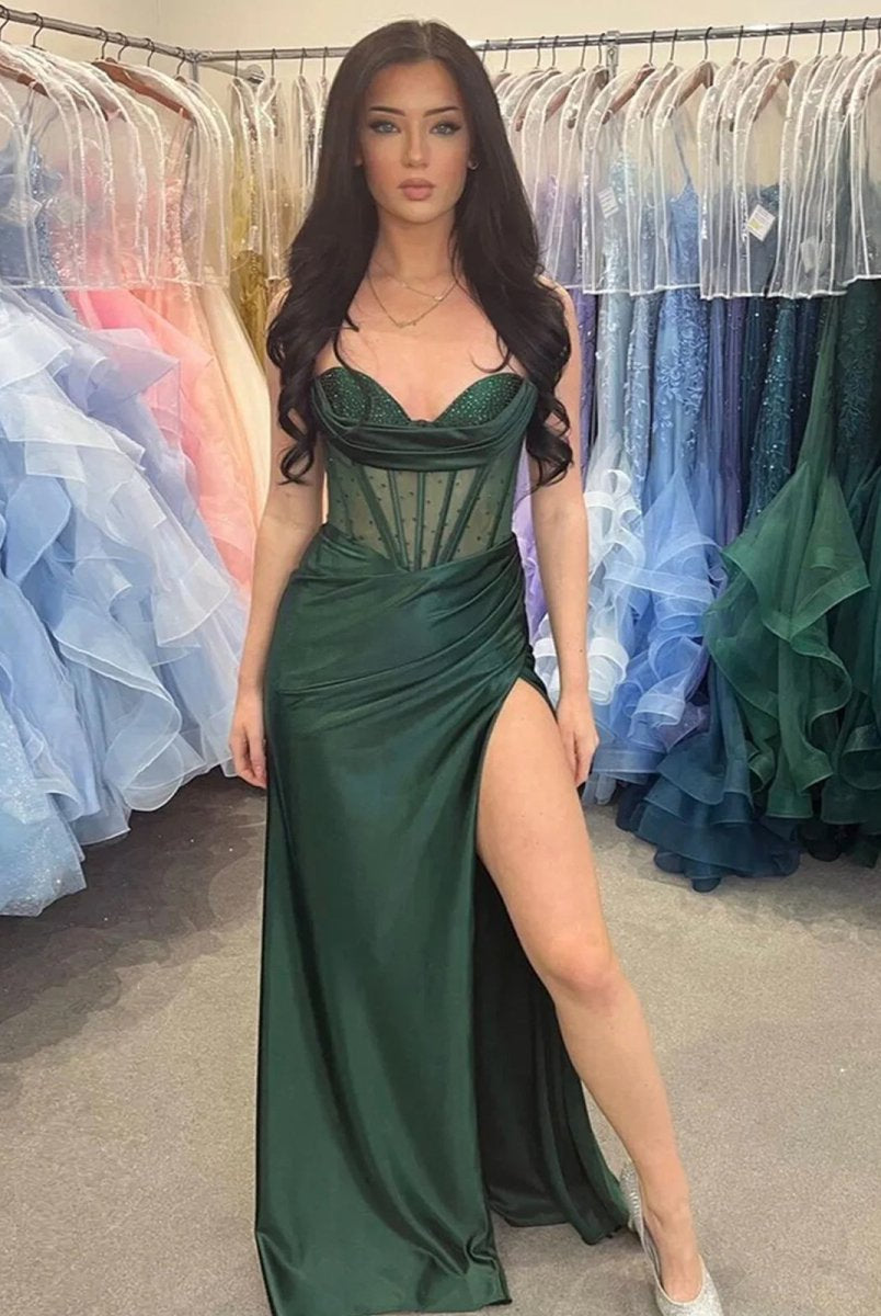 Genie | Sheer Corset Dark Green Beaded Mermaid Long Formal Dress - KissProm