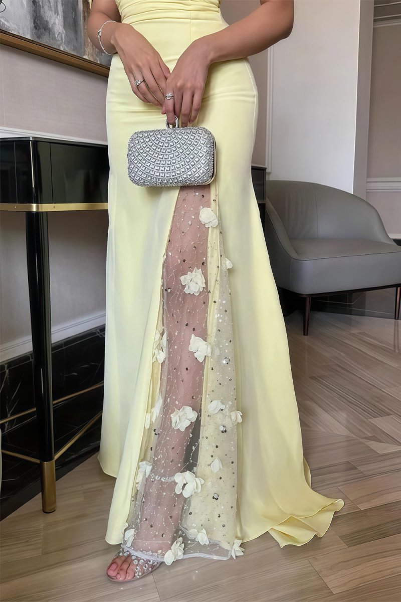 Genira | Yellow - Mermaid Off The Shoulder Satin Long Prom Dresses With Flowers - KissProm