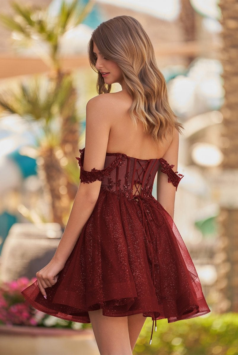 Genoveva | Burgundy - A Line Off the Shoulder Lace Corset Sequined Homecoming Dresses