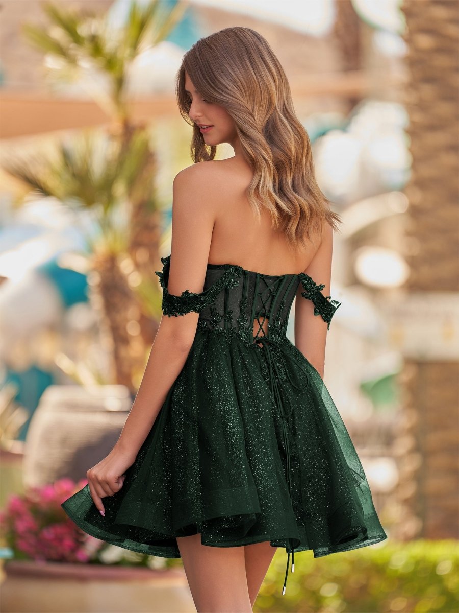 Genoveva | Dark Green - A Line Off the Shoulder Lace Corset Sequined Homecoming Dresses - KissProm