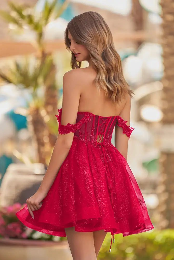 Genoveva | Red - A Line Off the Shoulder Lace Corset Sequined Homecoming Dresses