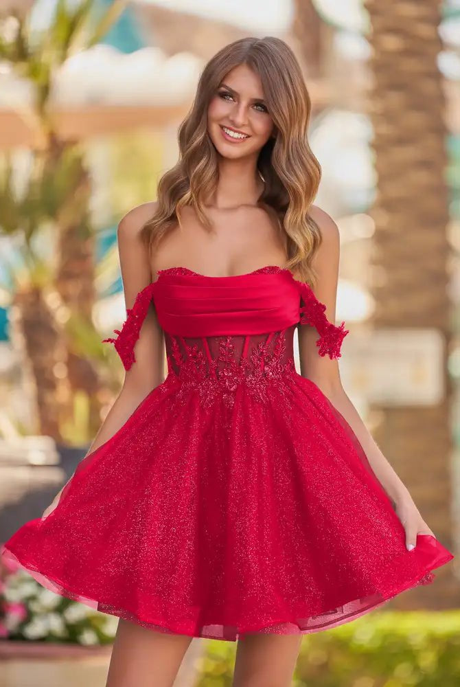 Genoveva | Red - A Line Off the Shoulder Lace Corset Sequined Homecoming Dresses