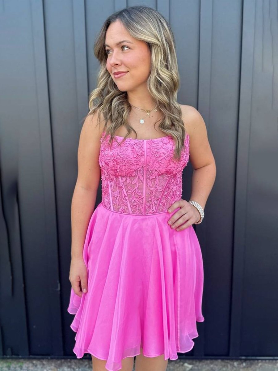 Geranium | Fuchsia - Strapless Chiffon A Line Short Homecoming Dresses With Appliques