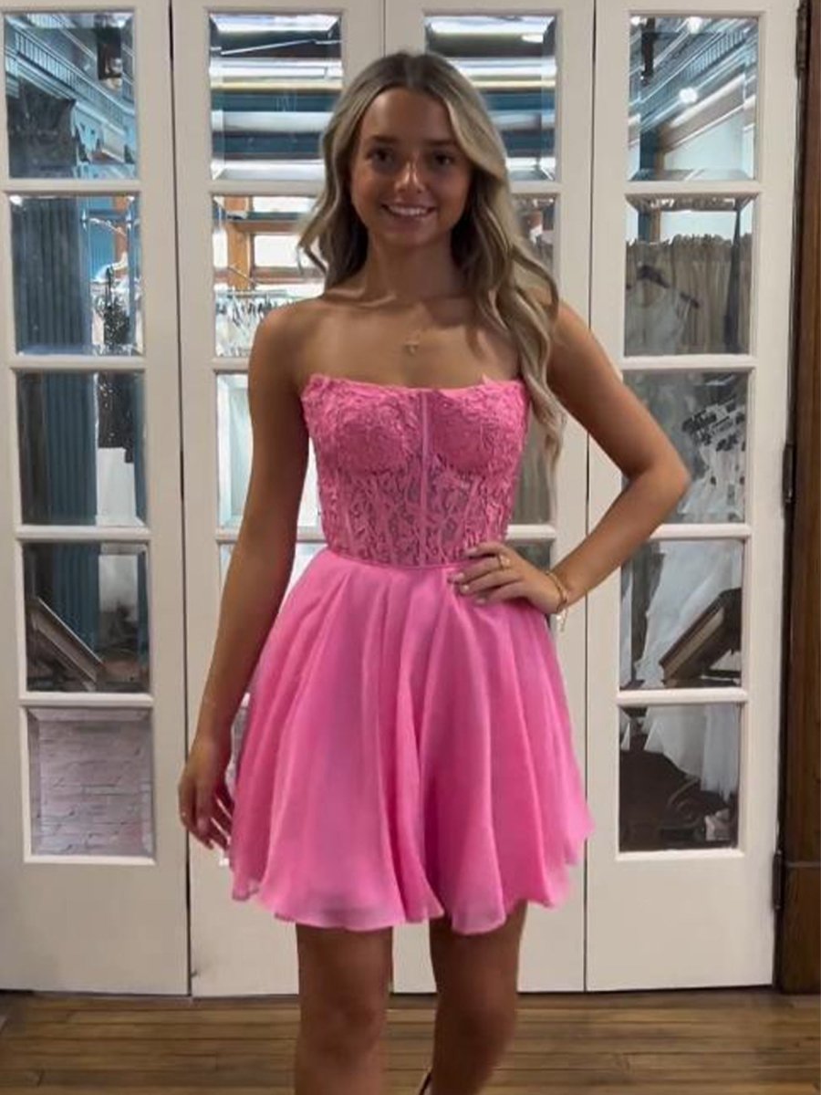 Geranium | Fuchsia - Strapless Chiffon A Line Short Homecoming Dresses With Appliques