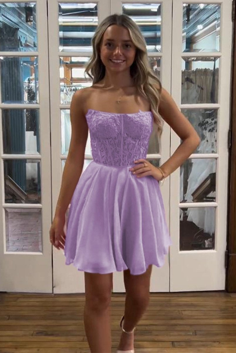 Geranium | Lavender - Strapless Chiffon A Line Short Homecoming Dresses With Appliques
