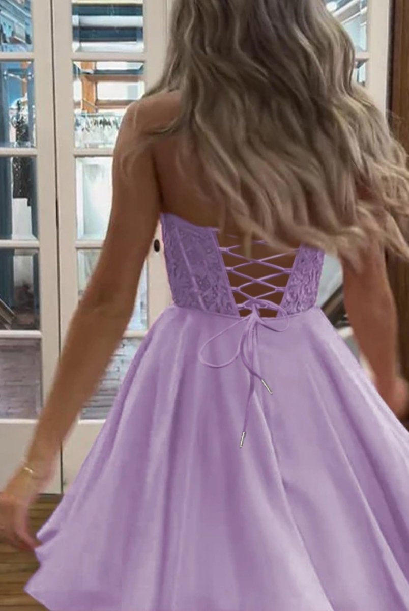 Geranium | Lavender - Strapless Chiffon A Line Short Homecoming Dresses With Appliques