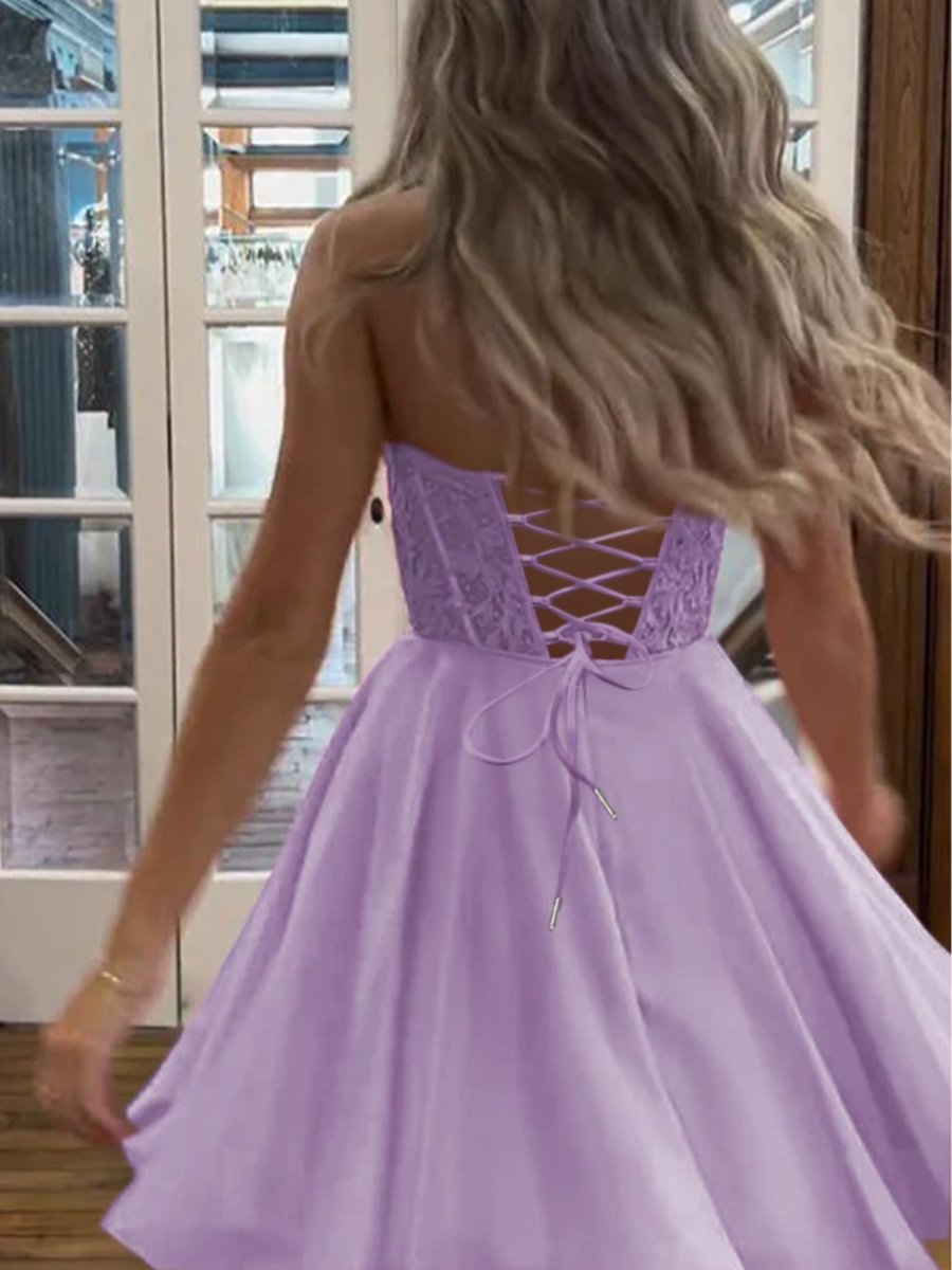 Geranium | Lavender - Strapless Chiffon A Line Short Homecoming Dresses With Appliques