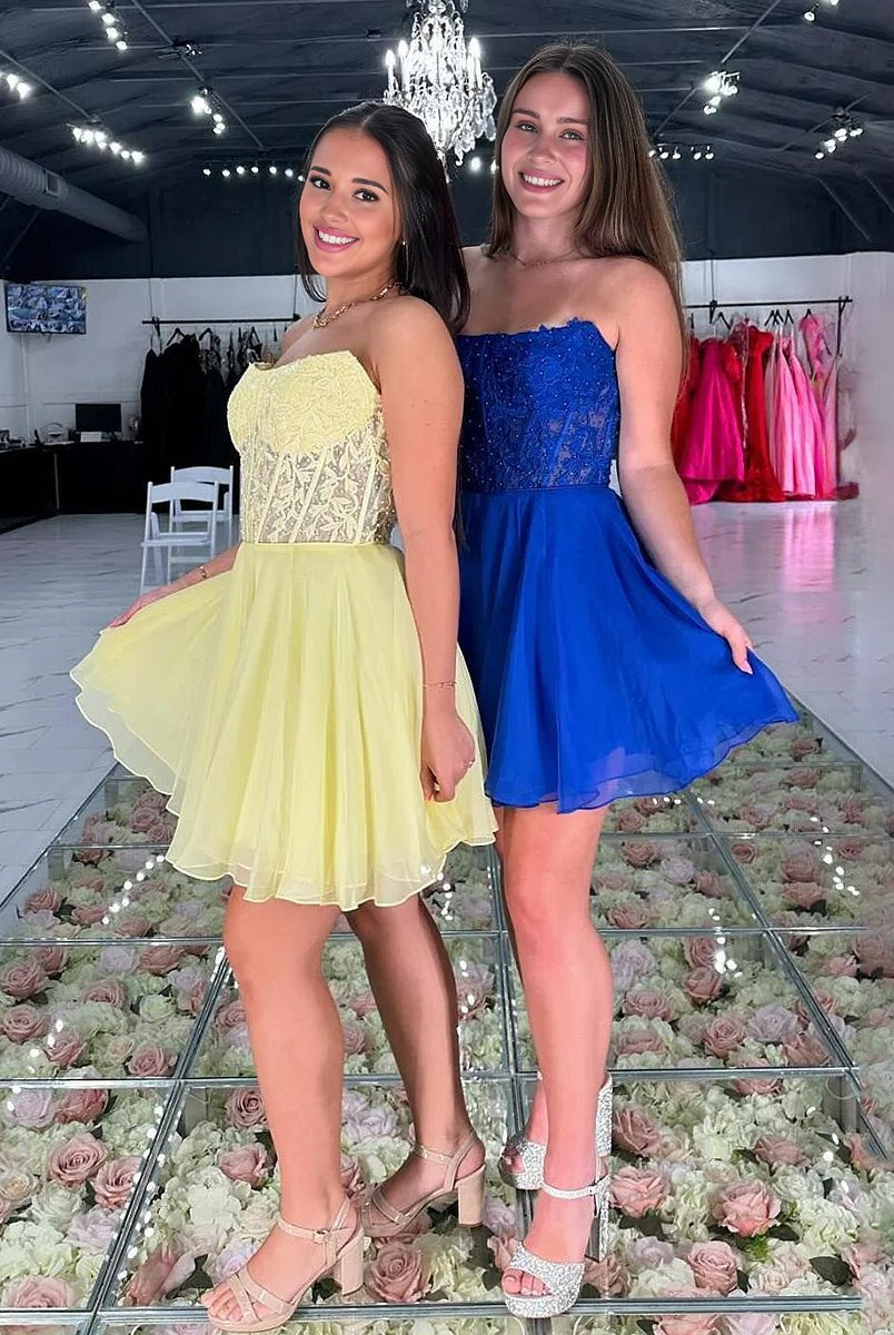 Geranium | Royal Blue - Strapless Chiffon A Line Short Homecoming Dresses With Appliques