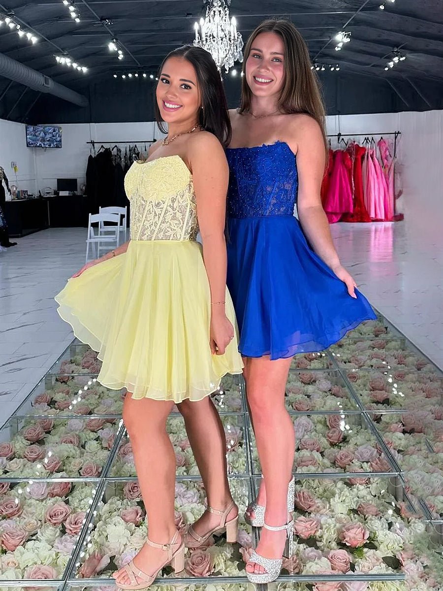 Geranium | Royal Blue - Strapless Chiffon A Line Short Homecoming Dresses With Appliques