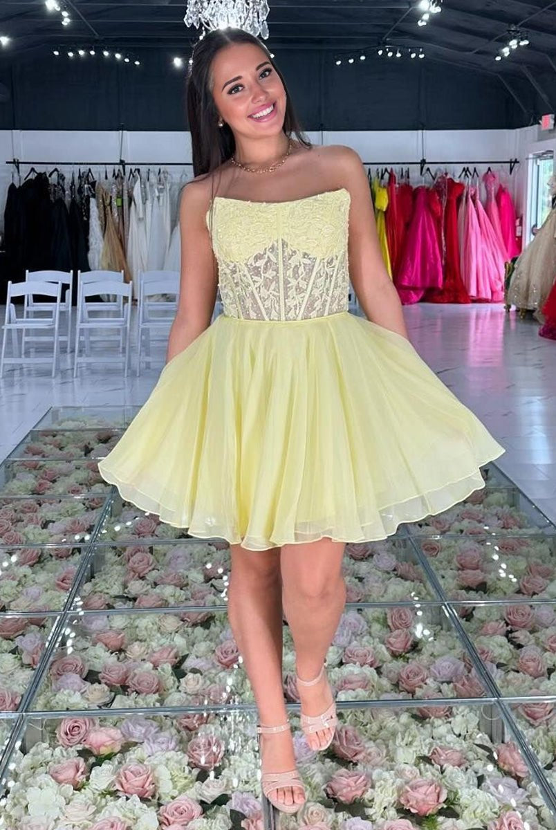 Geranium | Yellow - Strapless Chiffon A Line Short Homecoming Dresses With Appliques