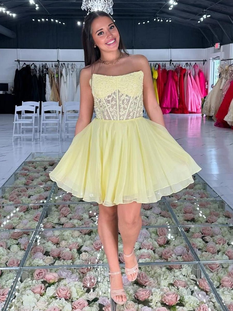 Geranium | Yellow - Strapless Chiffon A Line Short Homecoming Dresses With Appliques