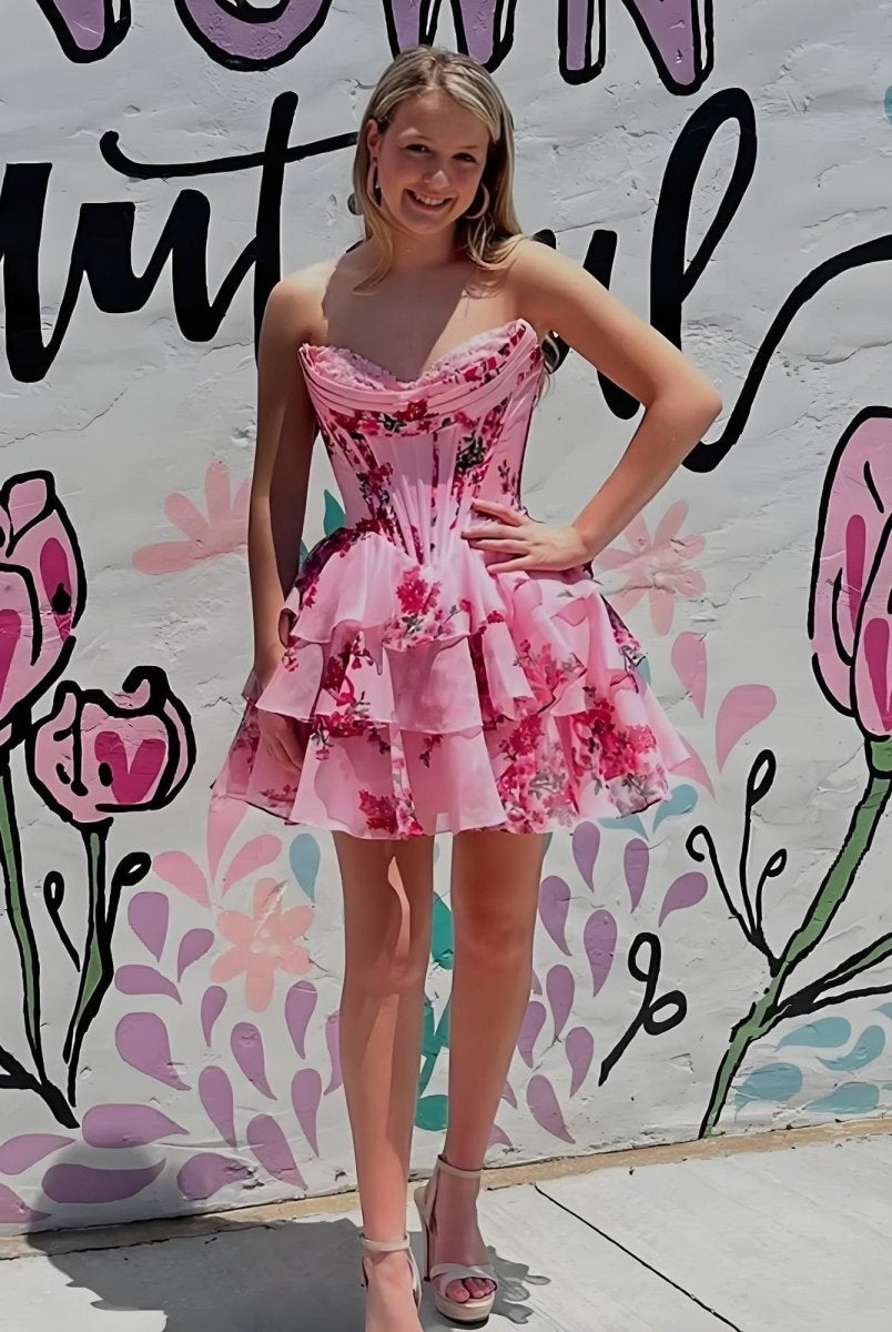 Gilda | Pink - A Line Sweetheart Floral Chiffon Corset Ruffled Homecoming Dresses