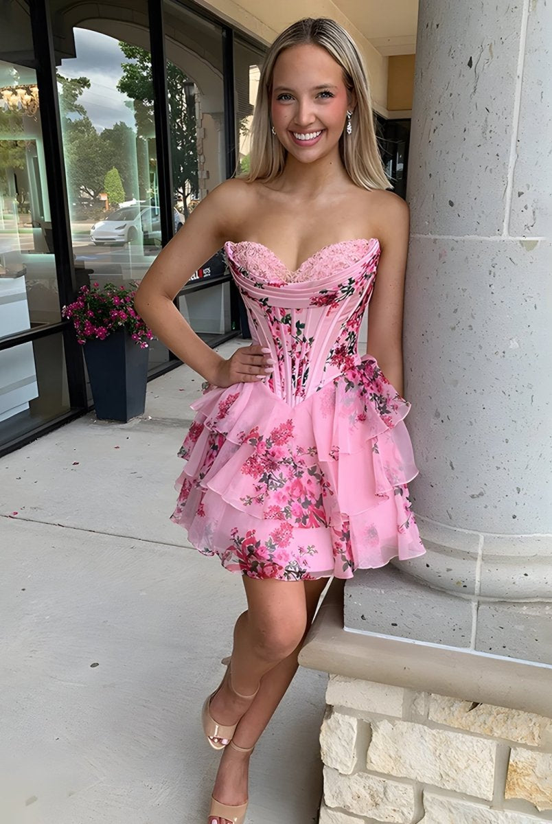 Gilda | Pink - A Line Sweetheart Floral Chiffon Corset Ruffled Homecoming Dresses