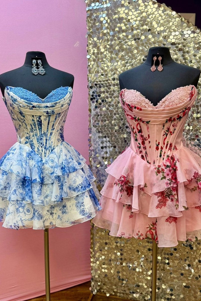 Gilda | Pink - A Line Sweetheart Floral Chiffon Corset Ruffled Homecoming Dresses