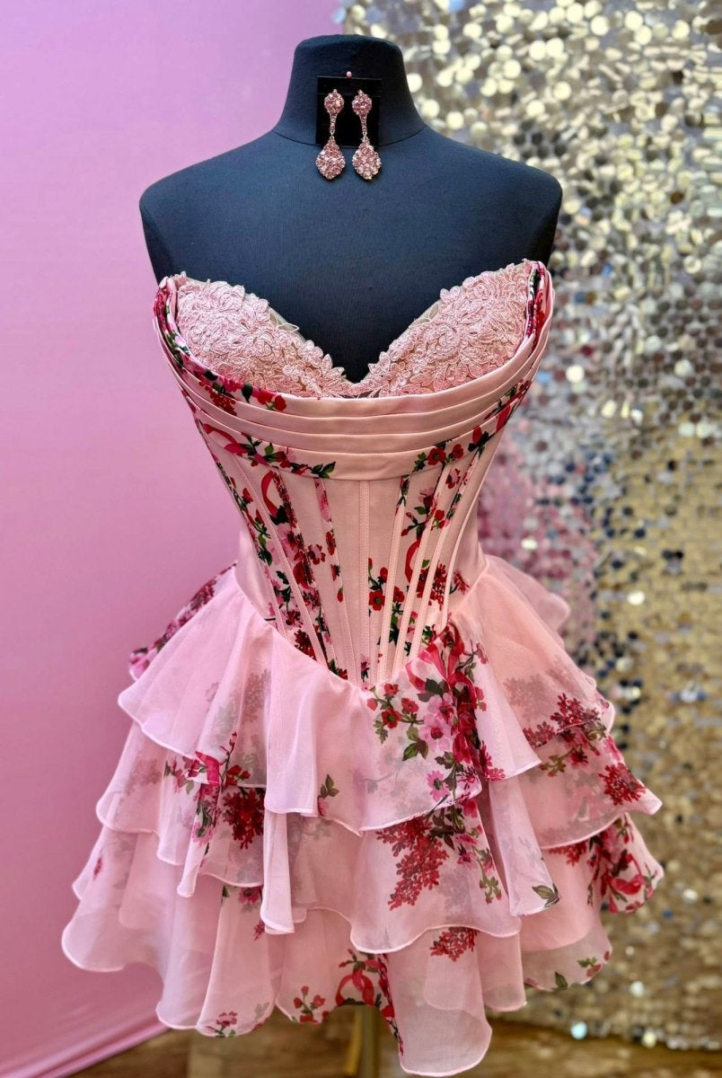 Gilda | Pink - A Line Sweetheart Floral Chiffon Corset Ruffled Homecoming Dresses