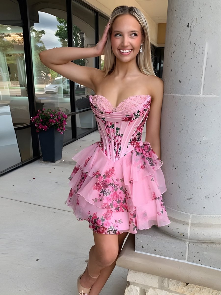 Gilda | Pink - A Line Sweetheart Floral Chiffon Corset Ruffled Homecoming Dresses