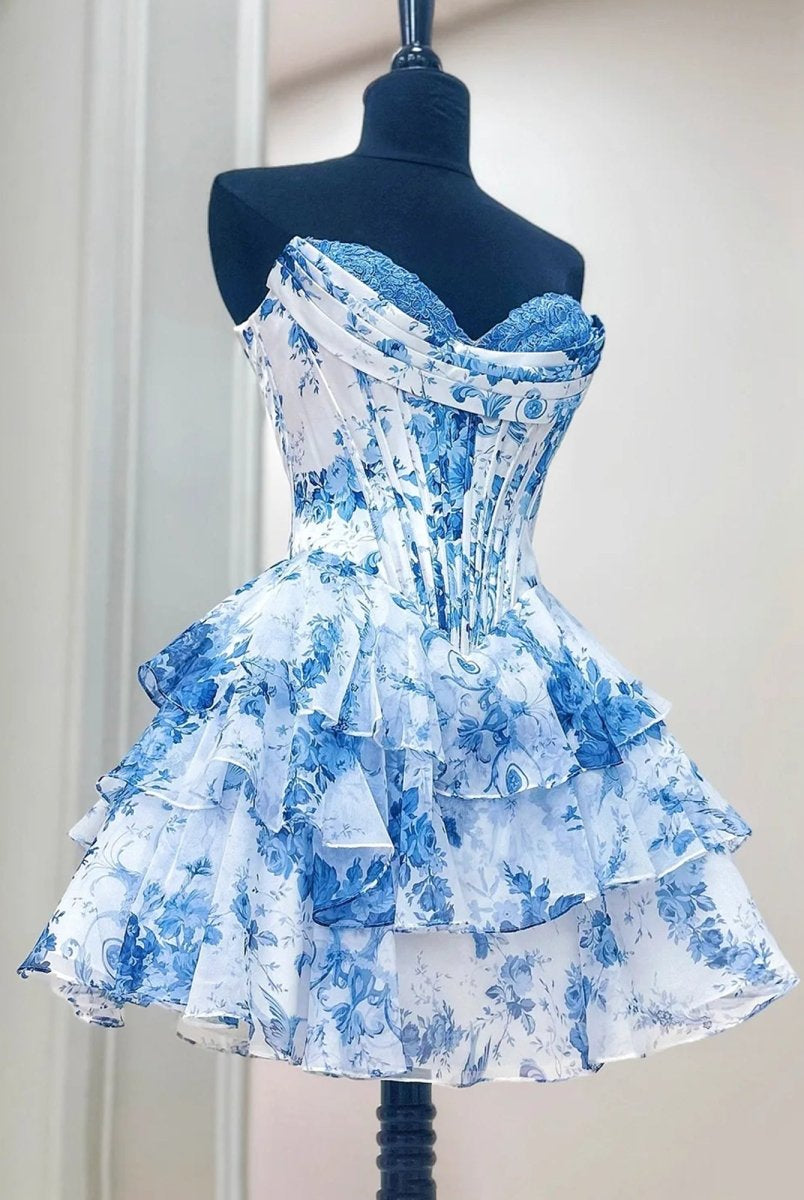 Gilda | Sky Blue - A Line Sweetheart Floral Chiffon Corset Ruffled Homecoming Dresses