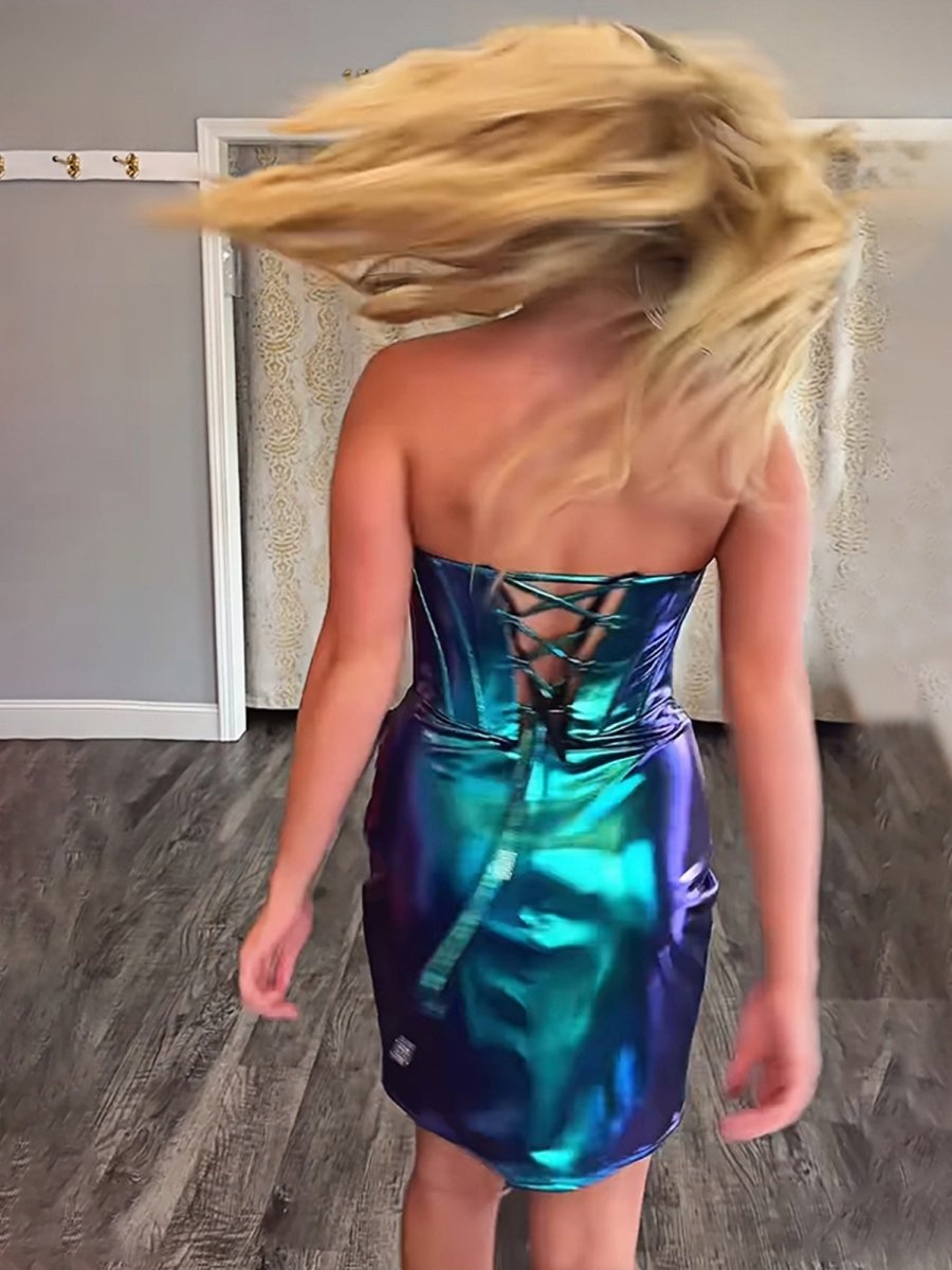 Glena | Peacock - Strapless Bodycon Metallic Pleated Homecoming Dresses With Beading