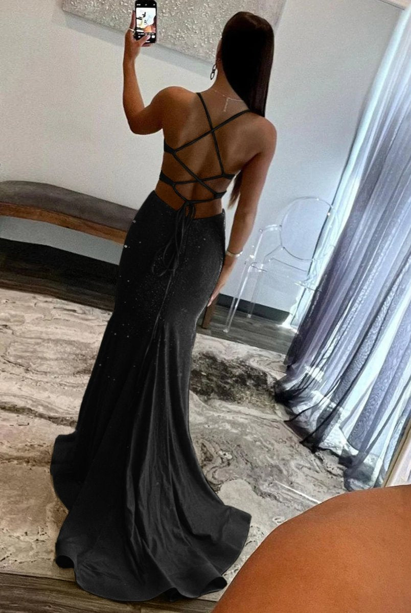 Glint | Sparkly Mermaid V Neck Yellow Sequins Long Prom Dresses - KissProm