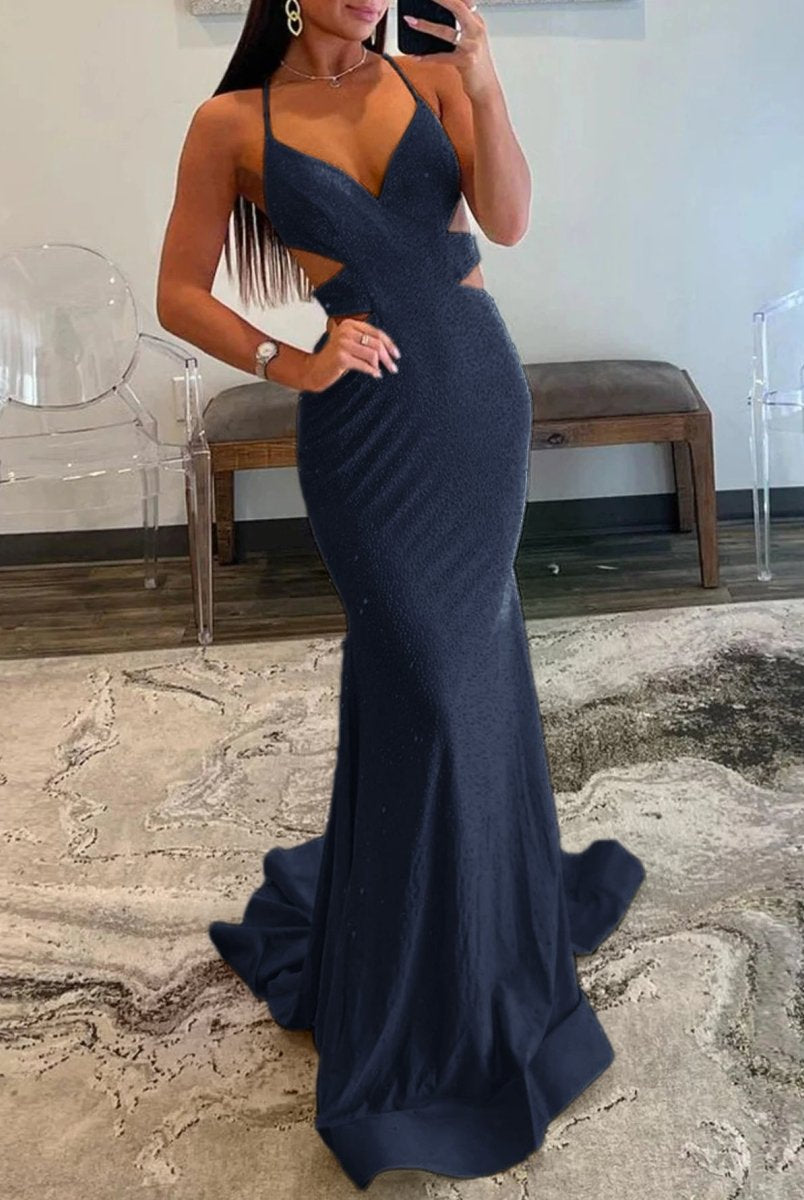 Glint | Sparkly Mermaid V Neck Yellow Sequins Long Prom Dresses - KissProm