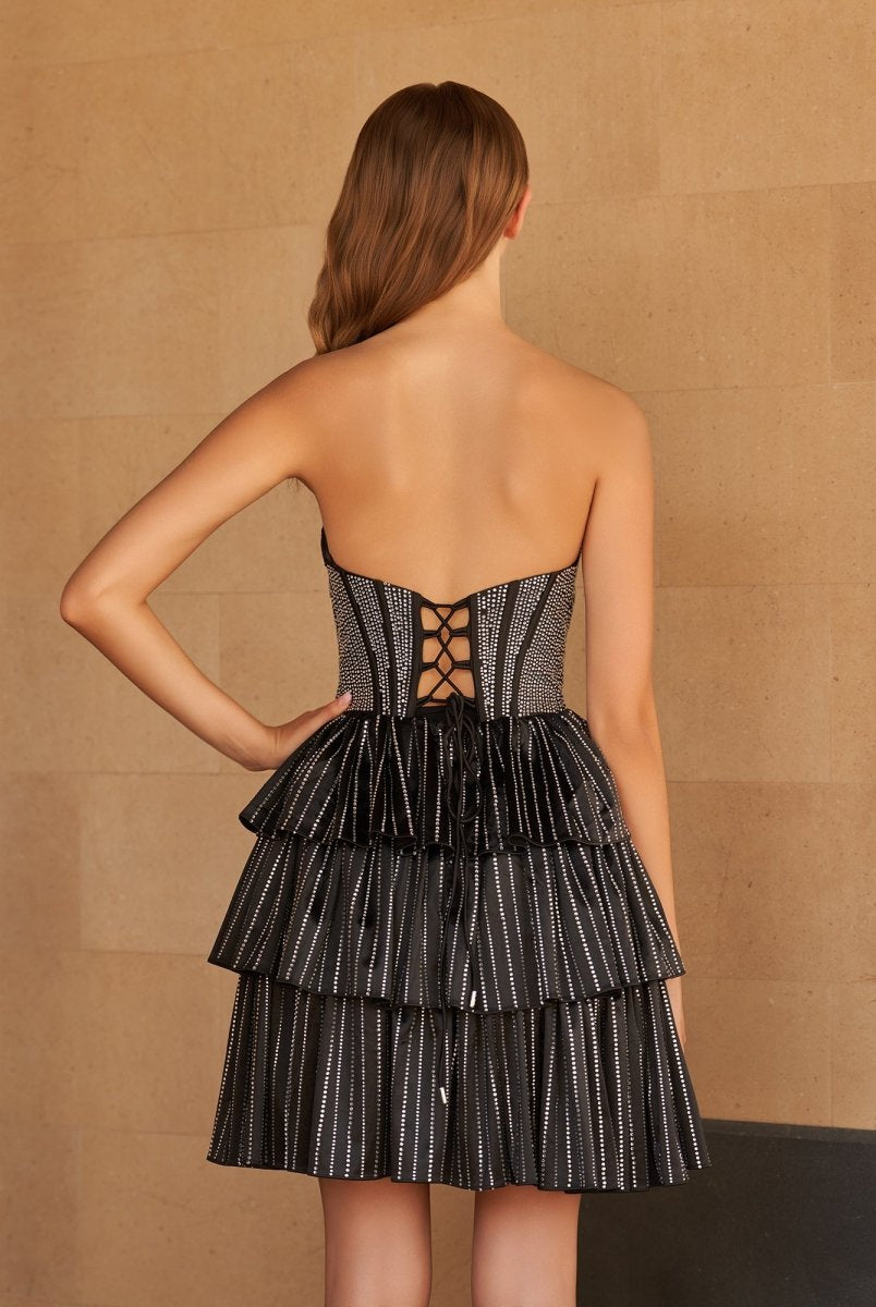 Deb | Glitter Black Strapless A-Line Corset Short Homecoming Dress with Beading