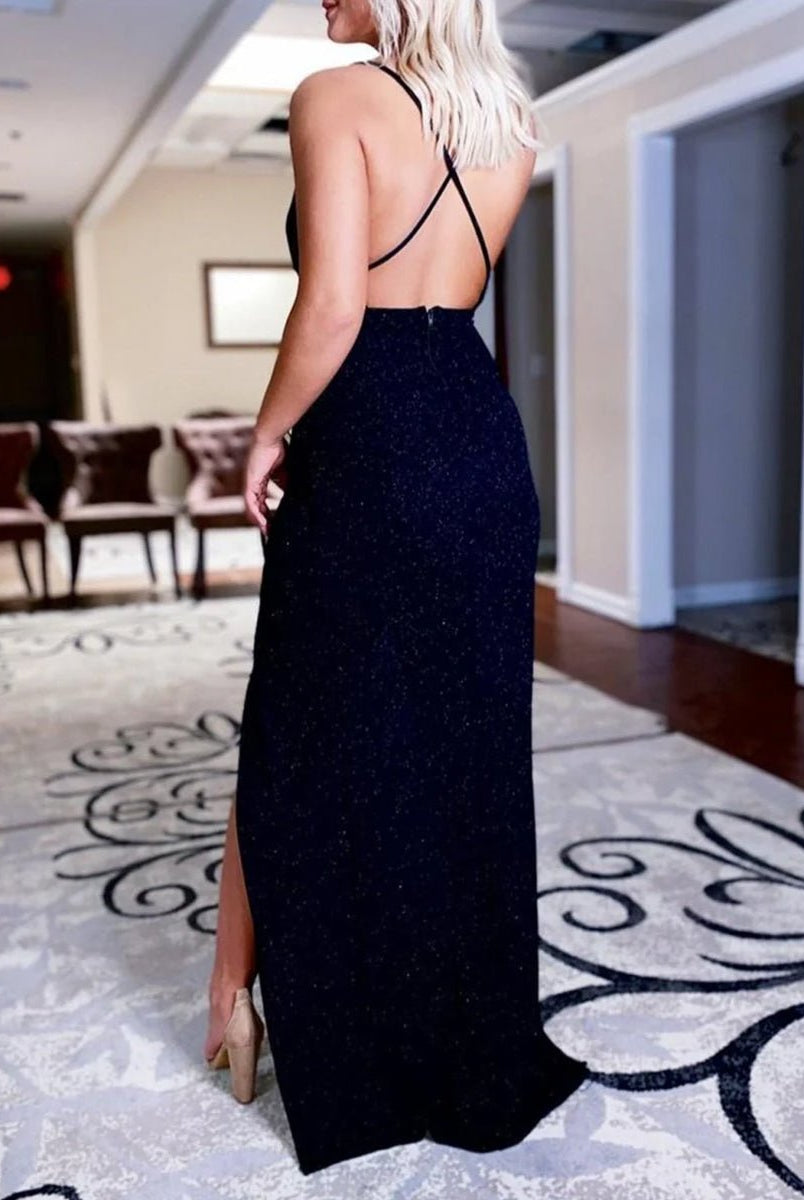 Glitter Black V Neck Long Prom Dress - KissProm