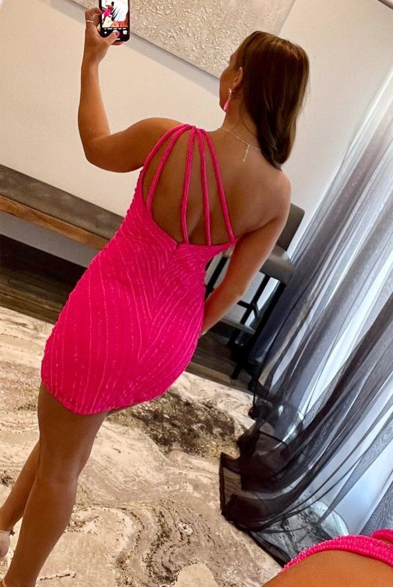 Talla | Glitter Dark Green One Shoulder Beaded Tight Homecoming Dress