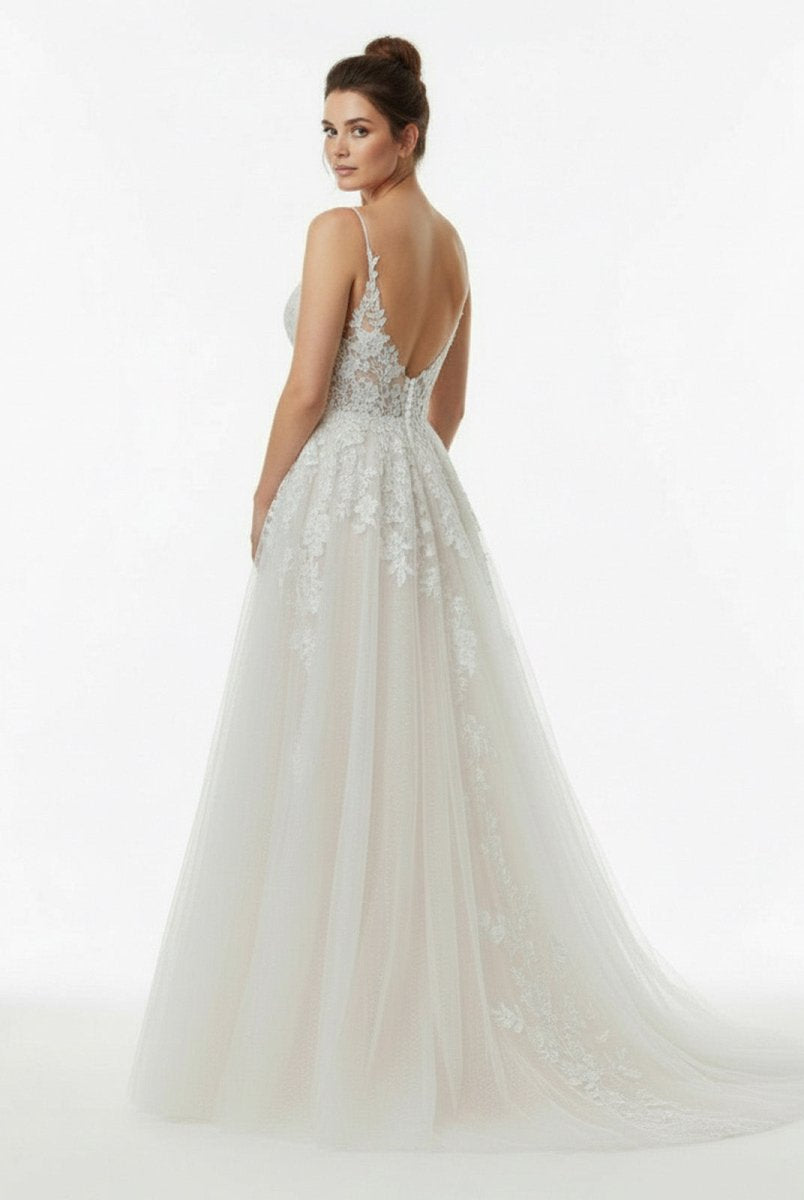 Dalia | Glitter Ivory A - Line Spaghetti Straps Long Wedding Dress with Appliques - KissProm
