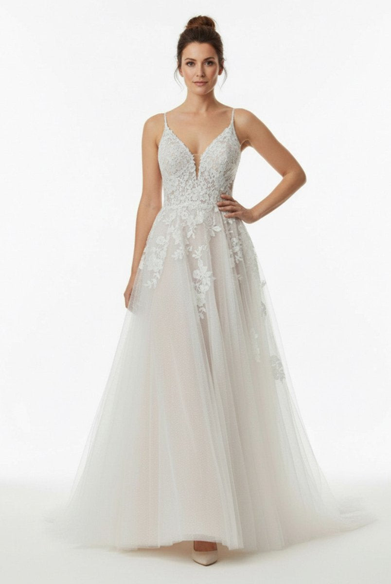 Dalia | Glitter Ivory A - Line Spaghetti Straps Long Wedding Dress with Appliques - KissProm