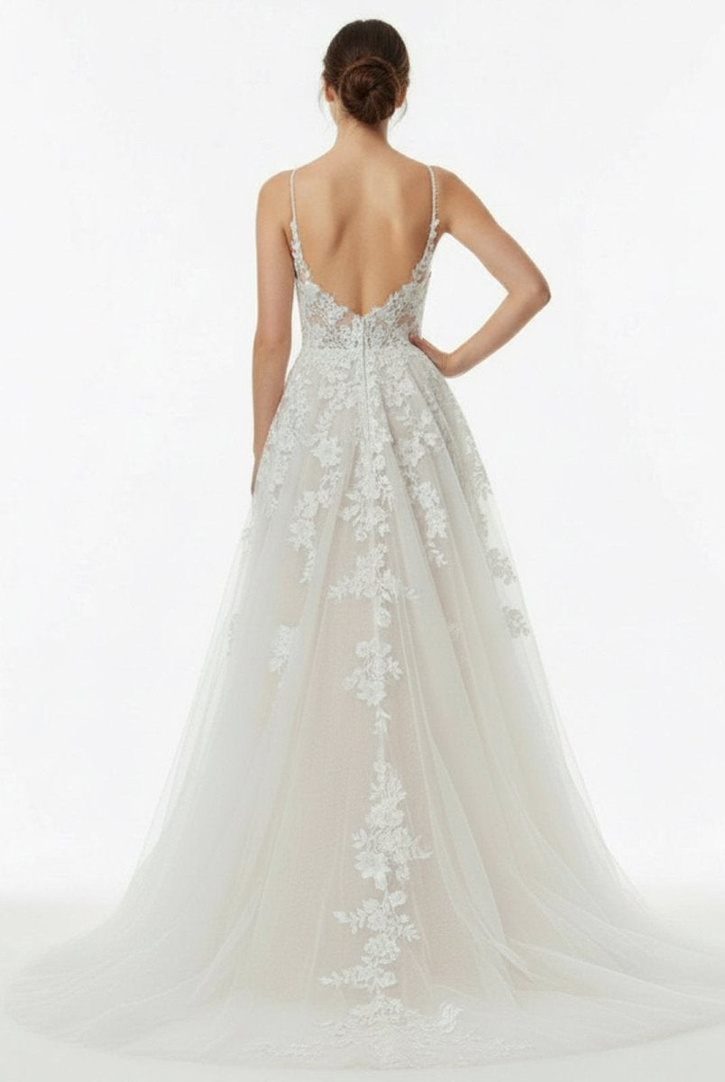 Dalia | Glitter Ivory A - Line Spaghetti Straps Long Wedding Dress with Appliques - KissProm