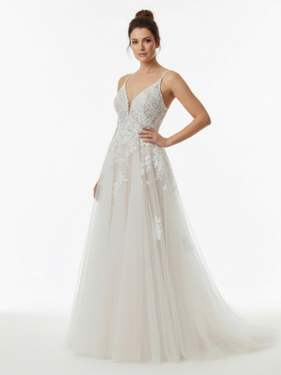 Dalia | Glitter Ivory A - Line Spaghetti Straps Long Wedding Dress with Appliques - KissProm