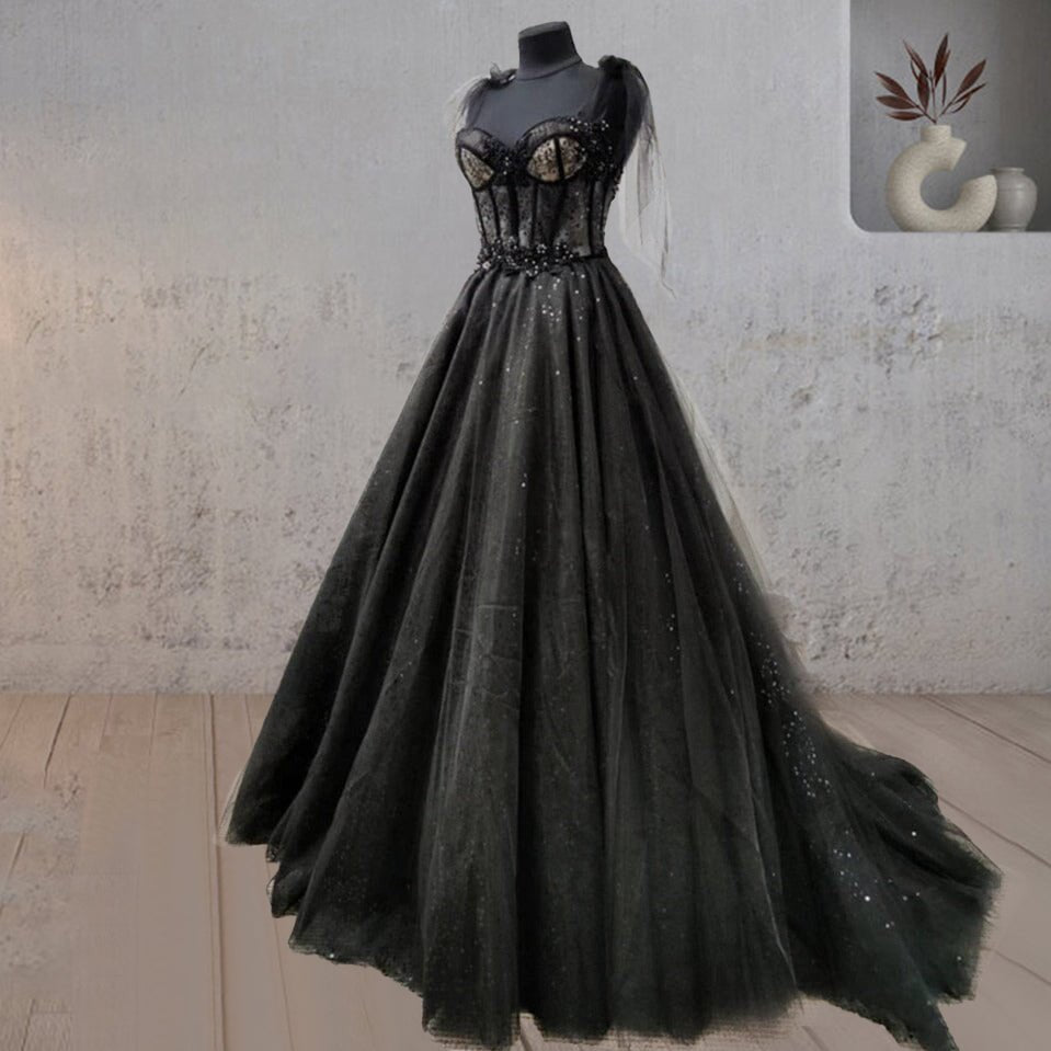 Glitter Lace Tulle Sweetheart Corset Court Black Wedding Dress, Black / 4 Glitter Lace Tulle Sweetheart Corset Court Black Wedding Dress, Black / 4