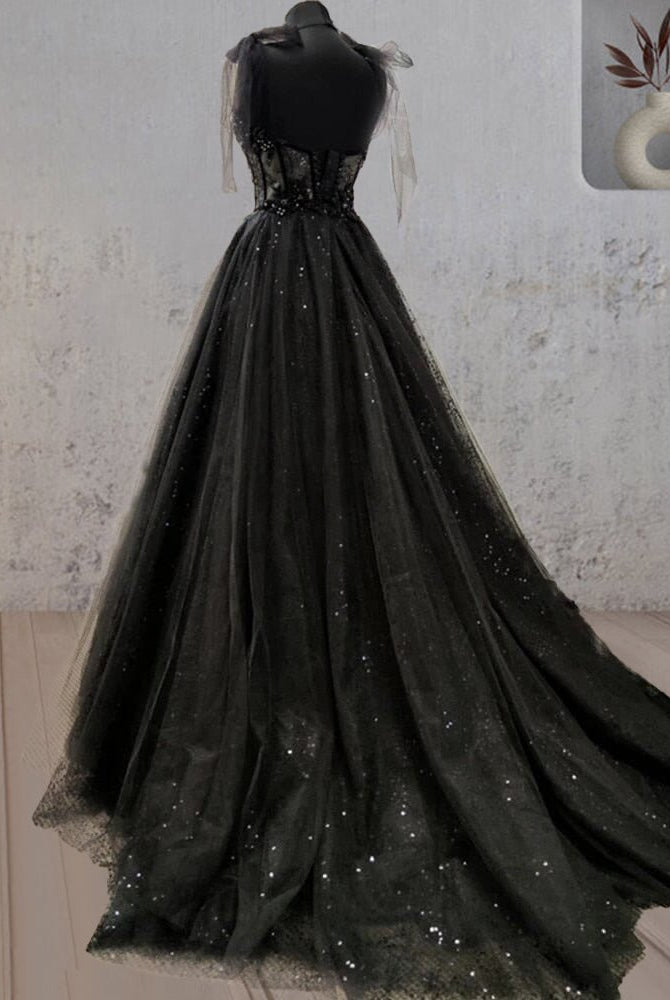Glitter Lace Tulle Sweetheart Corset Court Black Wedding Dress