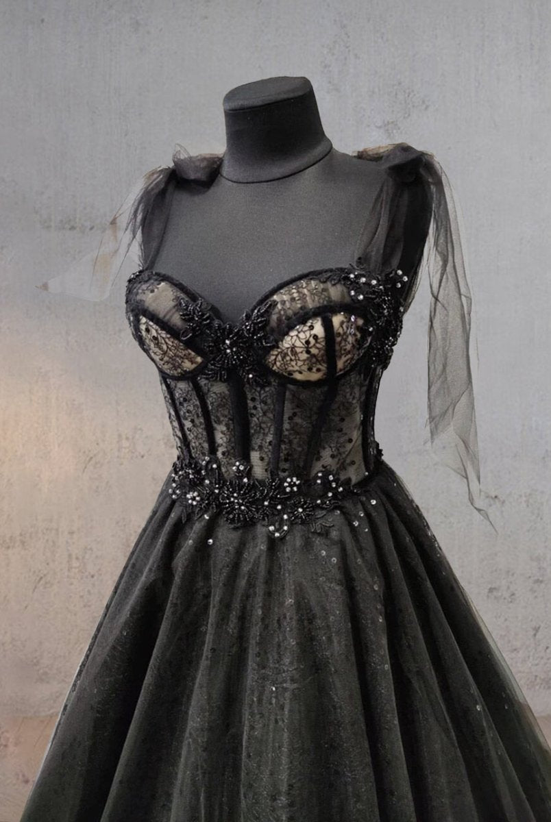 Glitter Lace Tulle Sweetheart Corset Court Black Wedding Dress
