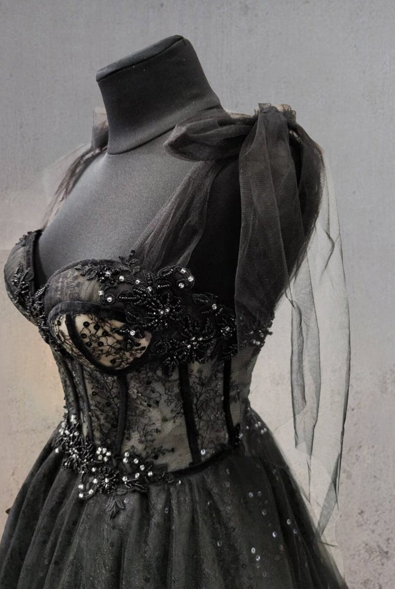 Glitter Lace Tulle Sweetheart Corset Court Black Wedding Dress