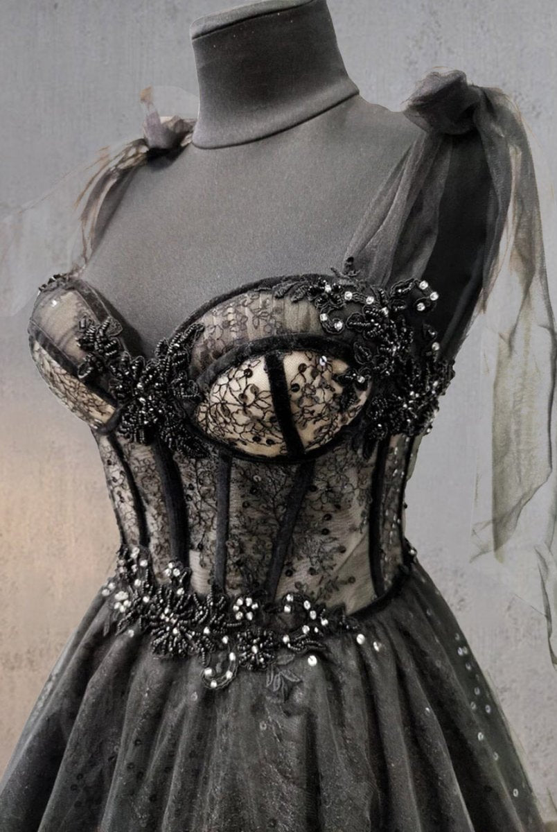 Glitter Lace Tulle Sweetheart Corset Court Black Wedding Dress