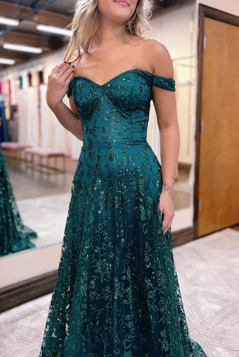 Glitter Mermaid Off The Shoulder Dark Green Long Prom Dress - KissProm