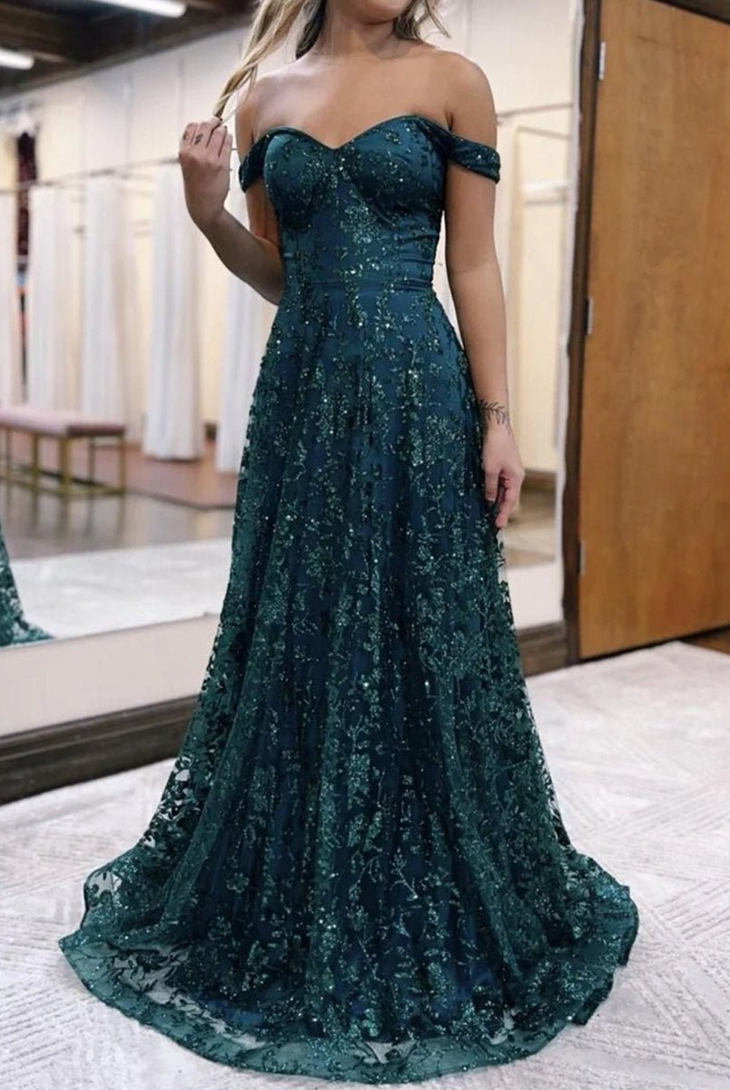 Glitter Mermaid Off The Shoulder Dark Green Long Prom Dress - KissProm